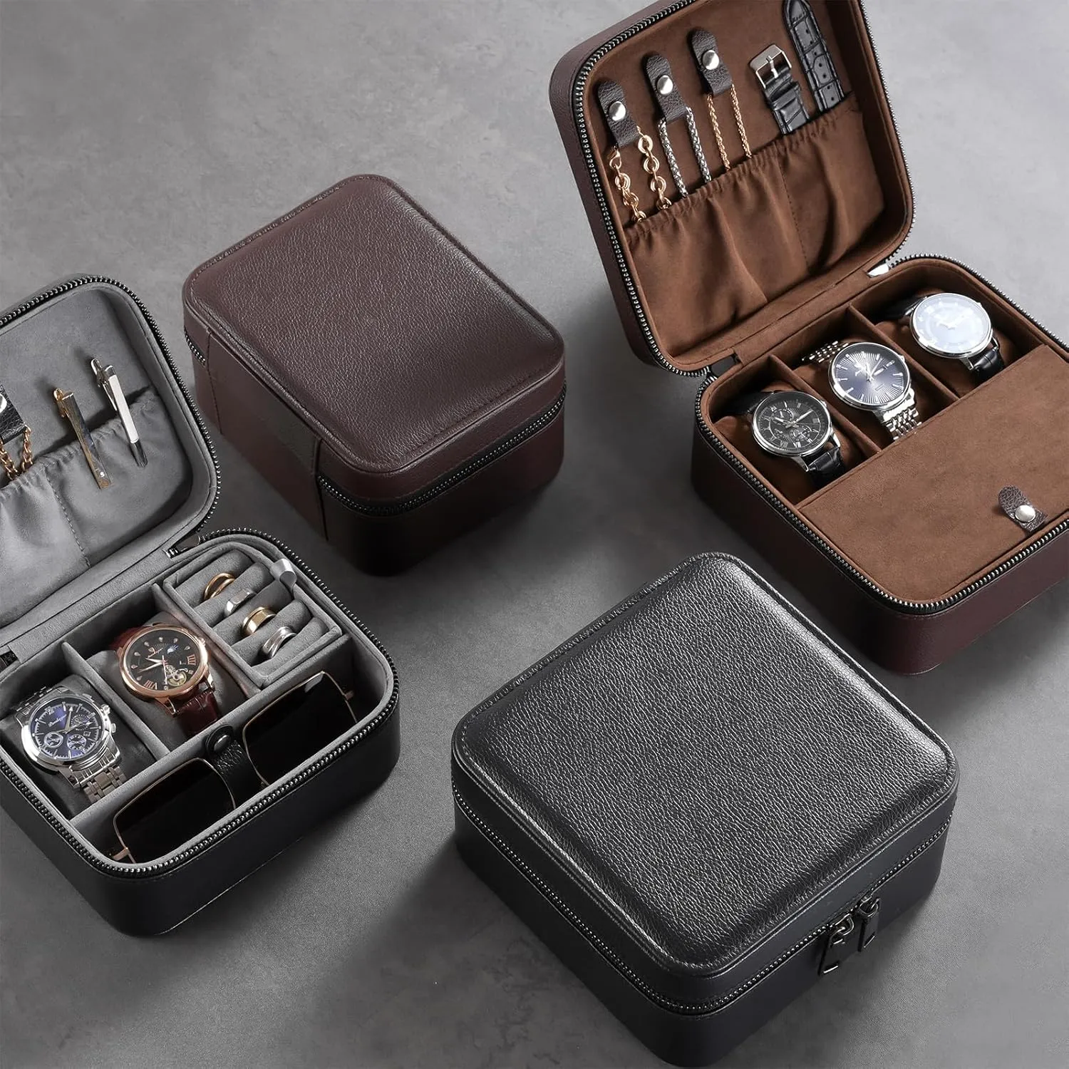 ProCase Father's Day Gift Travel Watch Case, 2 Slots PU Leather Mens Jewelry Box, Portable Watches Cufflinks Accessories Storage Case, Zippered Carrying Organizer Bag for Man -Black