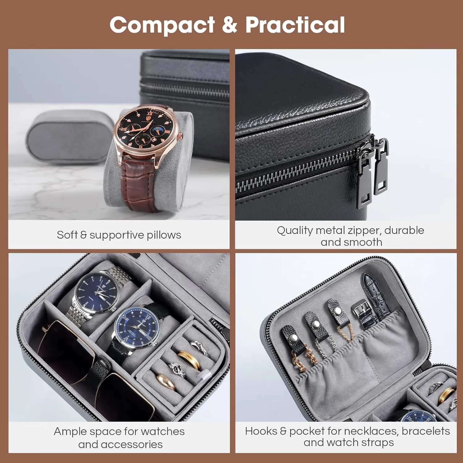 ProCase Father's Day Gift Travel Watch Case, 2 Slots PU Leather Mens Jewelry Box, Portable Watches Cufflinks Accessories Storage Case, Zippered Carrying Organizer Bag for Man -Black