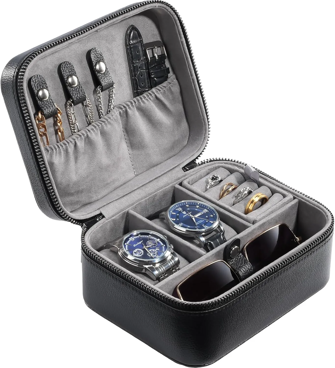 ProCase Father's Day Gift Travel Watch Case, 2 Slots PU Leather Mens Jewelry Box, Portable Watches Cufflinks Accessories Storage Case, Zippered Carrying Organizer Bag for Man -Black
