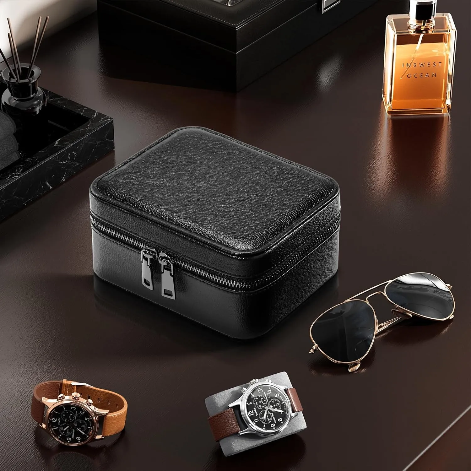 ProCase Father's Day Gift Travel Watch Case, 2 Slots PU Leather Mens Jewelry Box, Portable Watches Cufflinks Accessories Storage Case, Zippered Carrying Organizer Bag for Man -Black