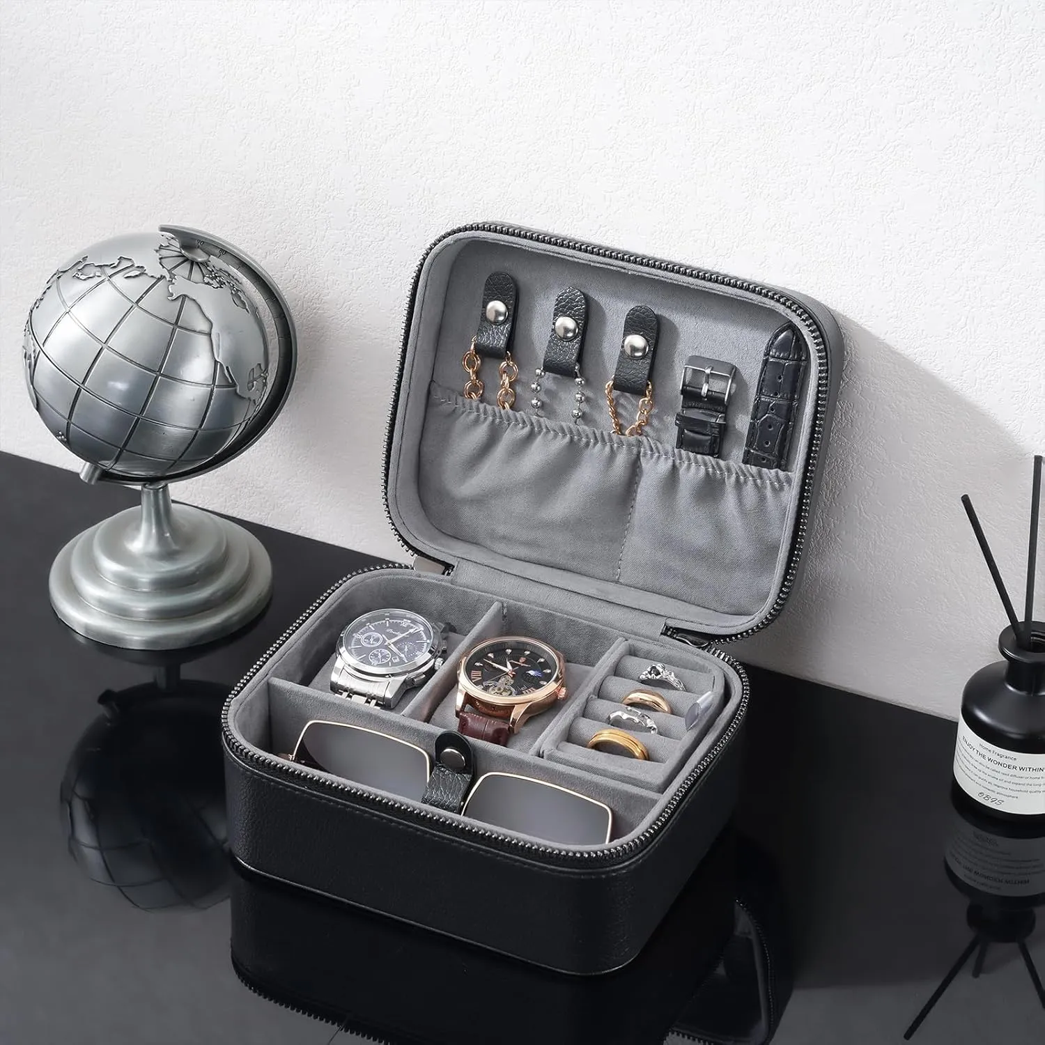 ProCase Father's Day Gift Travel Watch Case, 2 Slots PU Leather Mens Jewelry Box, Portable Watches Cufflinks Accessories Storage Case, Zippered Carrying Organizer Bag for Man -Black