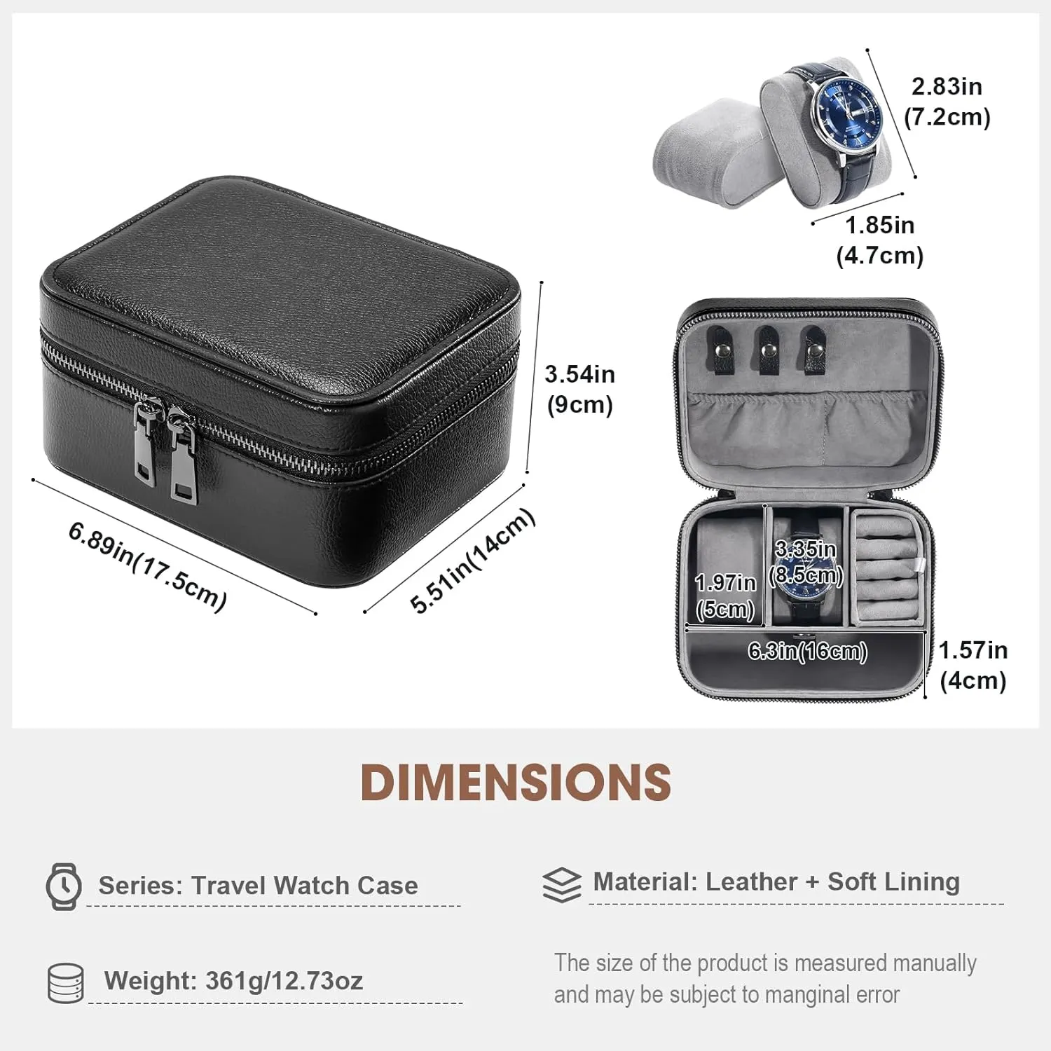 ProCase Father's Day Gift Travel Watch Case, 2 Slots PU Leather Mens Jewelry Box, Portable Watches Cufflinks Accessories Storage Case, Zippered Carrying Organizer Bag for Man -Black