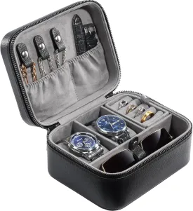 ProCase Father's Day Gift Travel Watch Case, 2 Slots PU Leather Mens Jewelry Box, Portable Watches Cufflinks Accessories Storage Case, Zippered Carrying Organizer Bag for Man -Black