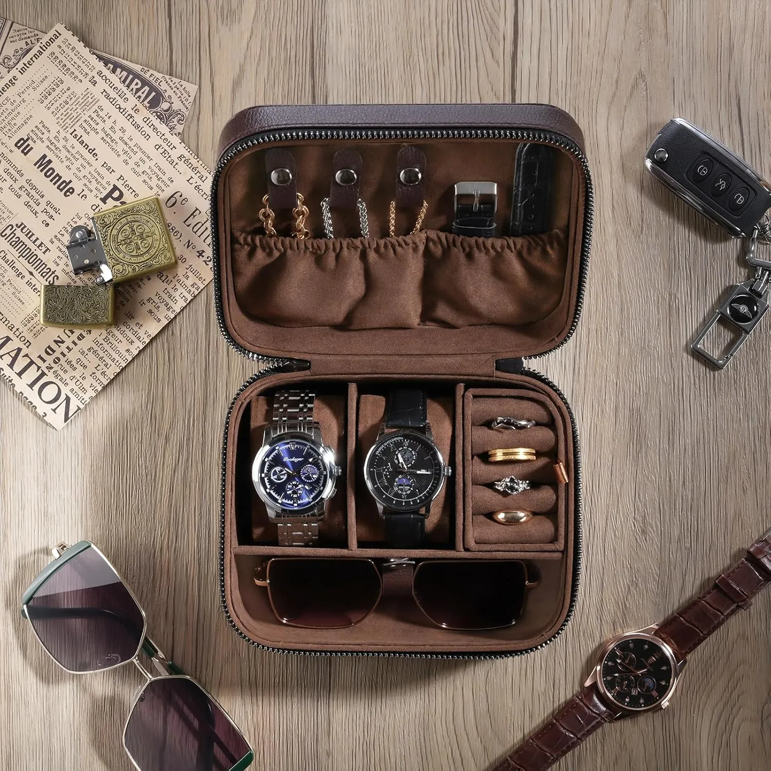 ProCase Father's Day Gift Travel Watch Case, 2 Slots PU Leather Mens Jewelry Box, Portable Watches Cufflinks Accessories Storage Case, Zippered Carrying Organizer Bag for Man -Brown