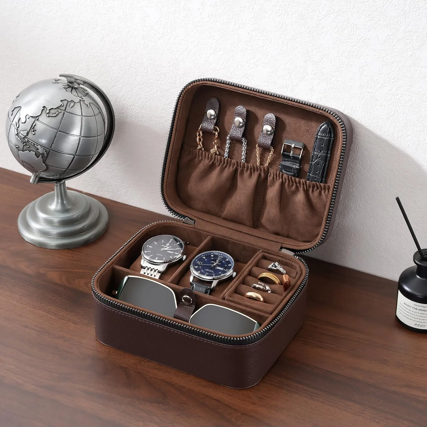 ProCase Father's Day Gift Travel Watch Case, 2 Slots PU Leather Mens Jewelry Box, Portable Watches Cufflinks Accessories Storage Case, Zippered Carrying Organizer Bag for Man -Brown