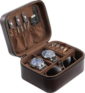 ProCase Father's Day Gift Travel Watch Case, 2 Slots PU Leather Mens Jewelry Box, Portable Watches Cufflinks Accessories Storage Case, Zippered Carrying Organizer Bag for Man -Brown