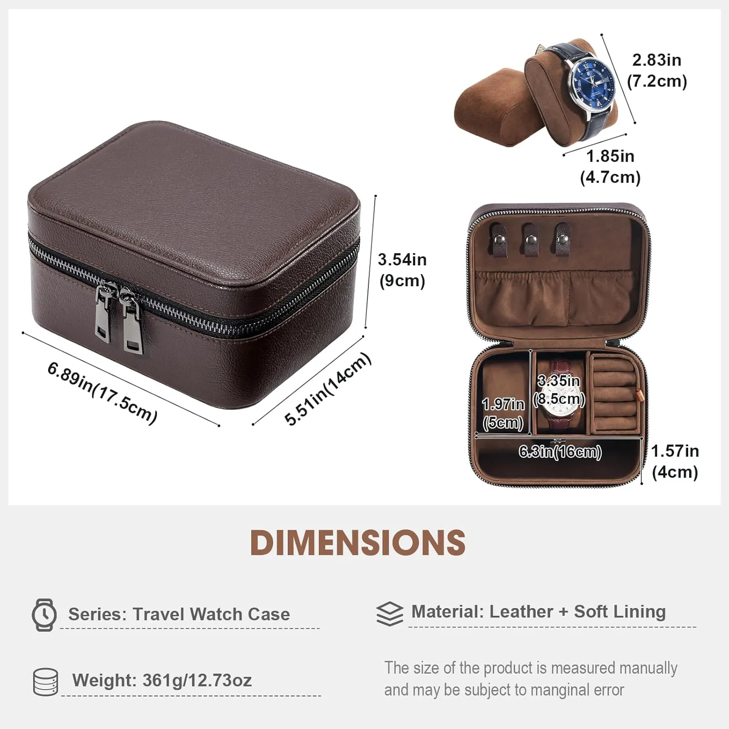 ProCase Father's Day Gift Travel Watch Case, 2 Slots PU Leather Mens Jewelry Box, Portable Watches Cufflinks Accessories Storage Case, Zippered Carrying Organizer Bag for Man -Brown