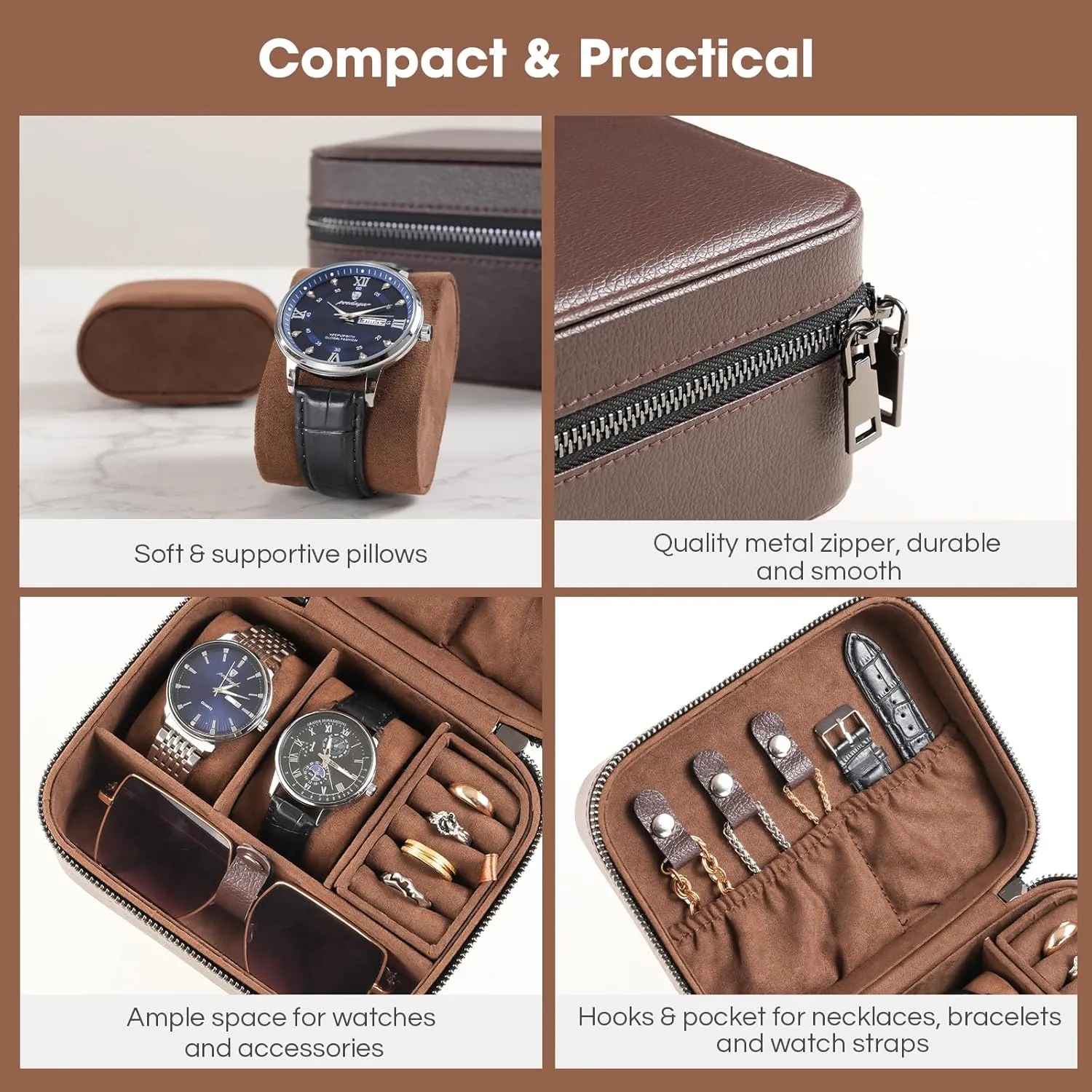 ProCase Father's Day Gift Travel Watch Case, 2 Slots PU Leather Mens Jewelry Box, Portable Watches Cufflinks Accessories Storage Case, Zippered Carrying Organizer Bag for Man -Brown
