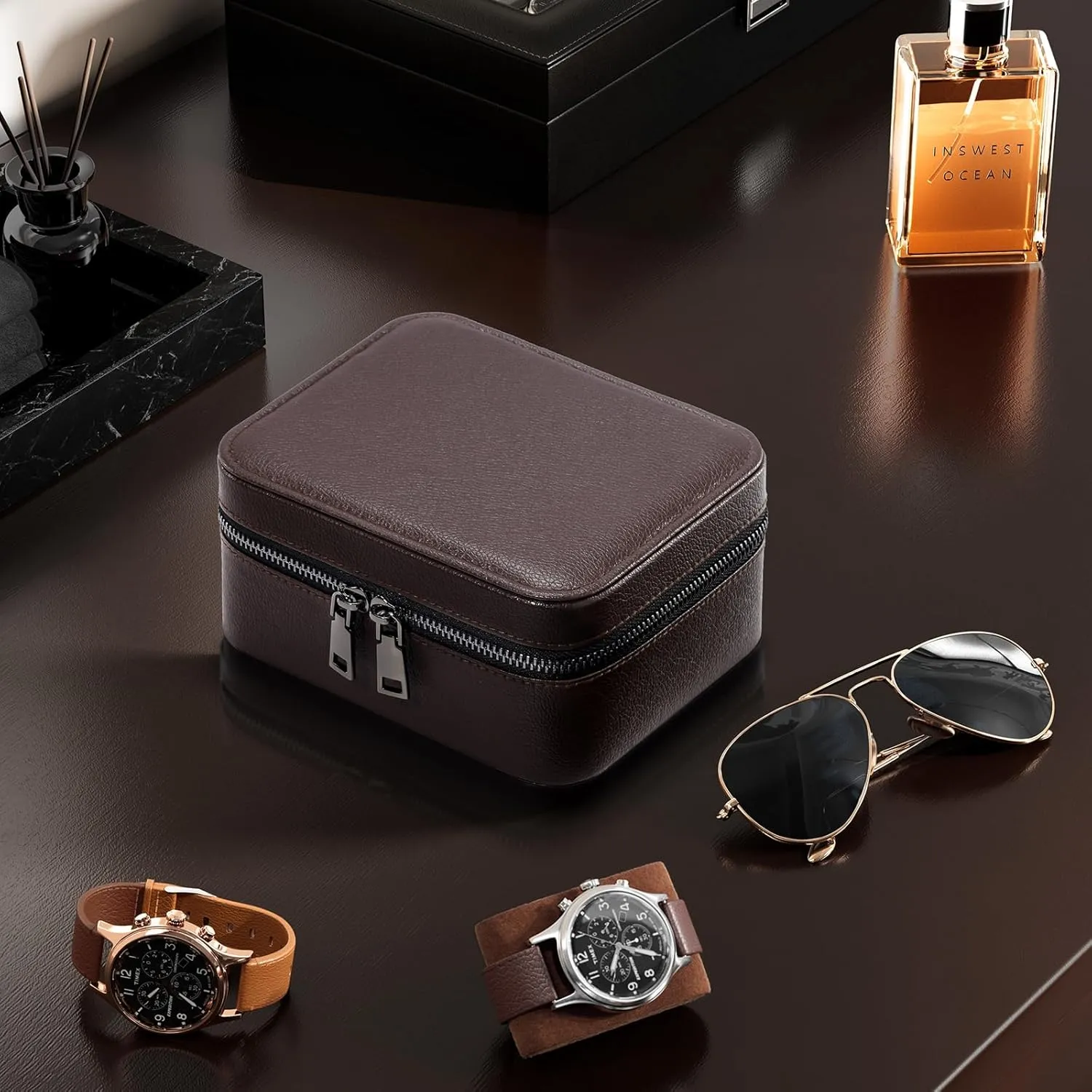 ProCase Father's Day Gift Travel Watch Case, 2 Slots PU Leather Mens Jewelry Box, Portable Watches Cufflinks Accessories Storage Case, Zippered Carrying Organizer Bag for Man -Brown
