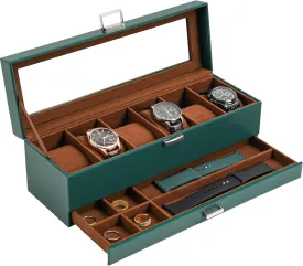 ProCase Men's Watch Box - 6 Slot Display Case with Drawer, Glass Lid, 2-Layer Jewelry & Watch Storage - Midnight Green