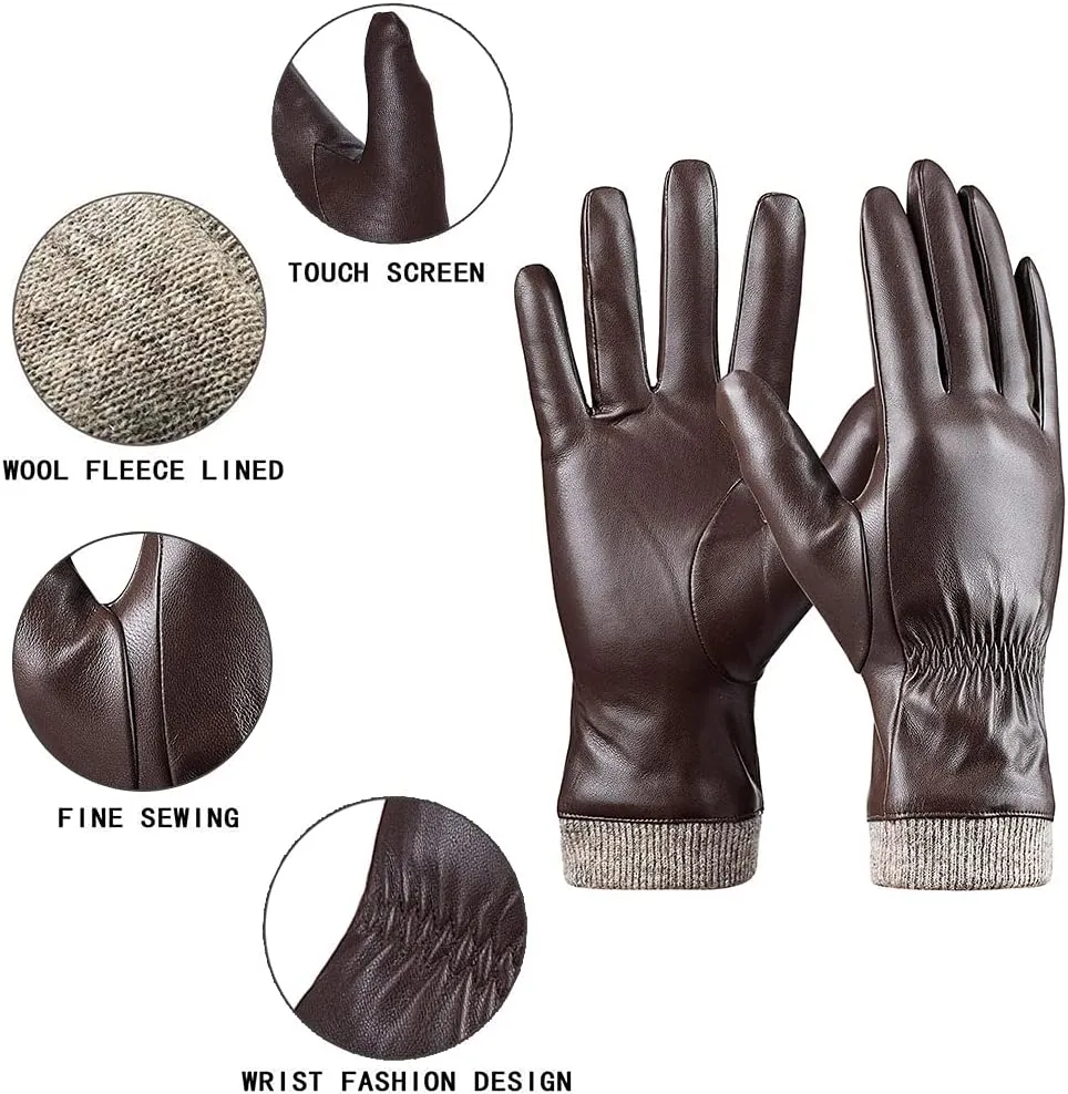 REDESS Winter Leather Gloves for Women, Wool Fleece Lined Warm Gloves, Touchscreen Texting Thick Thermal Snow Driving Gloves