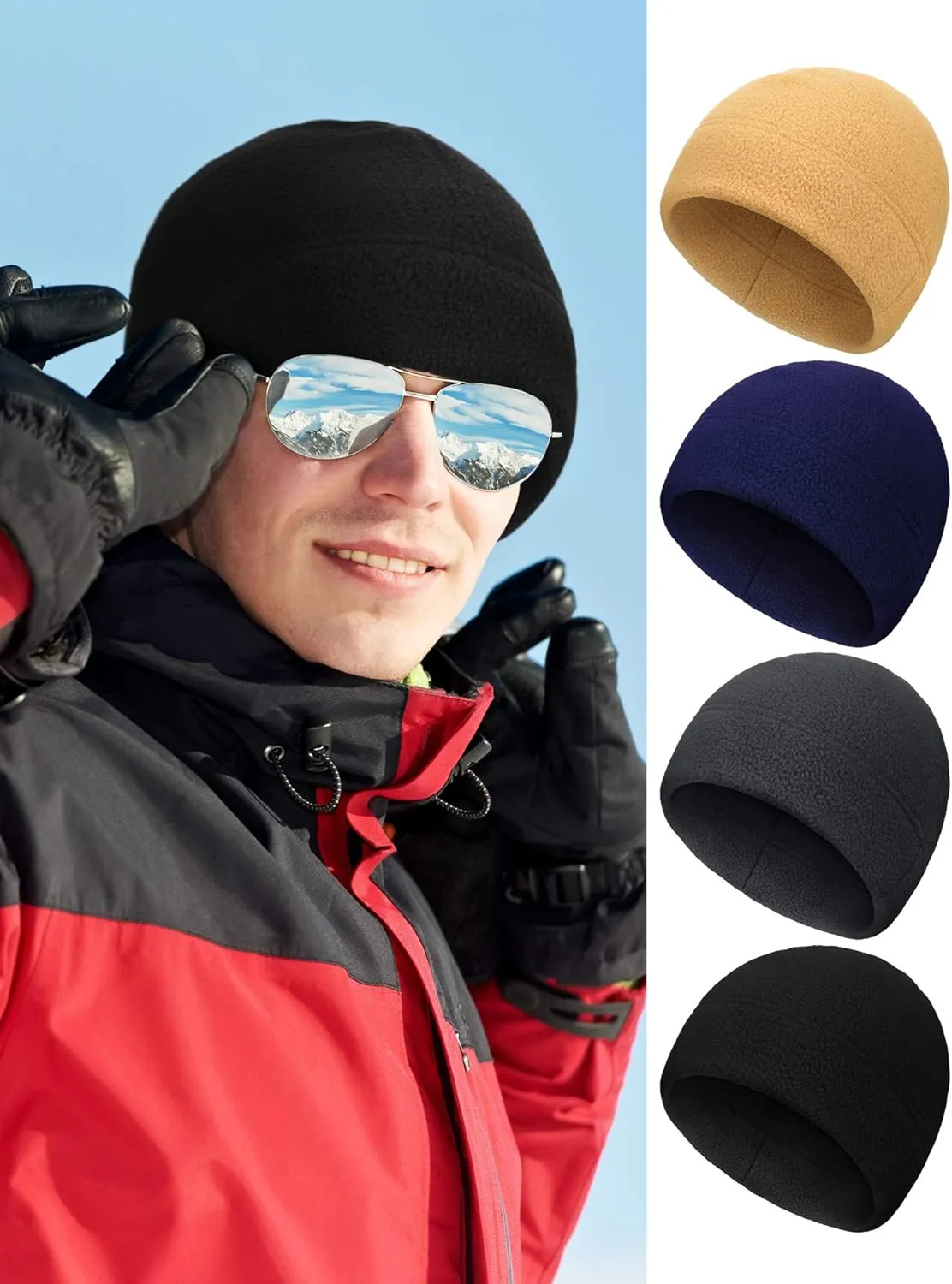SATINIOR 4 Pieces Cotton Skull Caps for Men Women Fleece Beanies Hat Warm Soft Polar Beanie Hat Thick Windproof Winter