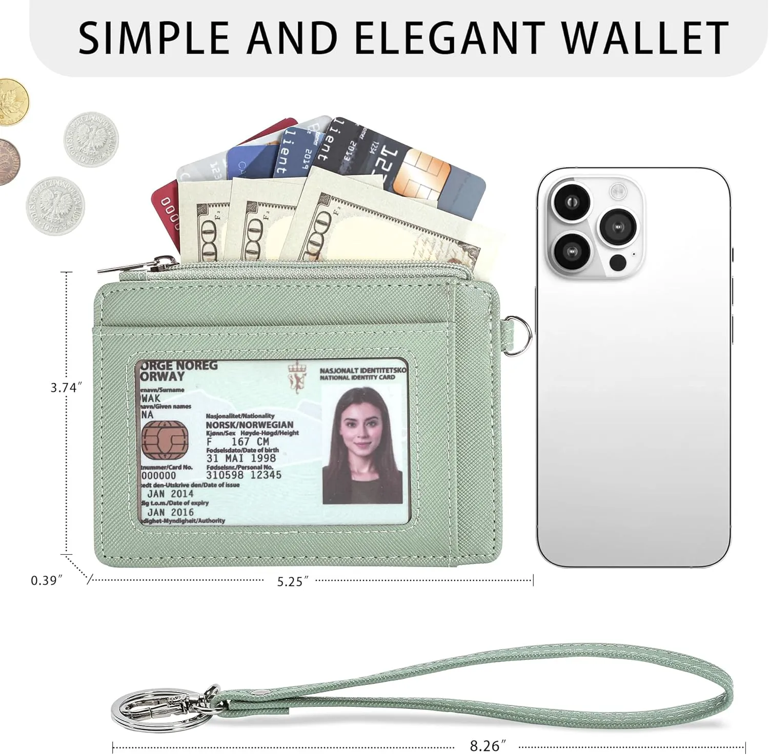 SEAVILIA Small Wallet for Women Slim Wristlet Keychain Wallets RFID Credit Card Holder With Zipper Pocket, ID Window (Light Green)