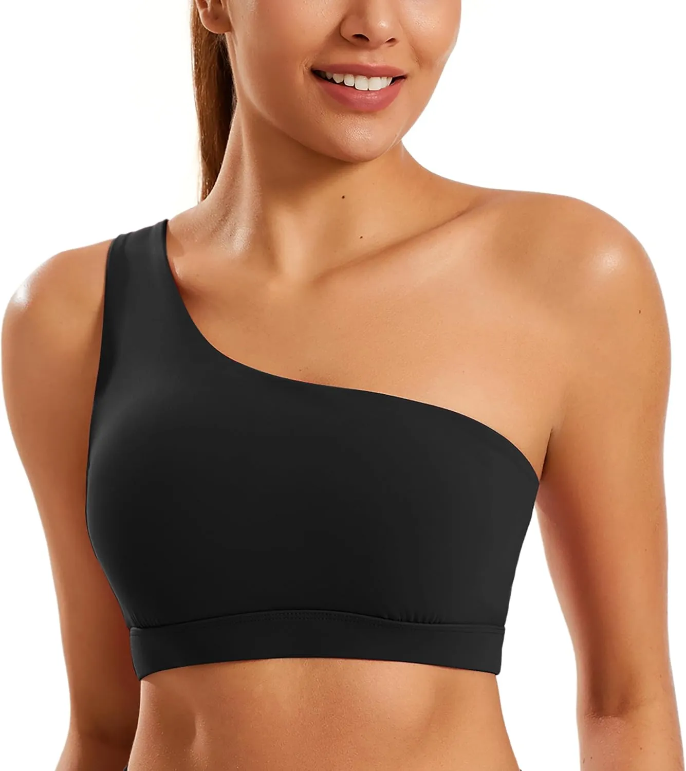 Smooth Sports Bras for Women One Shoulder Low Impact Asymmetrical Workout Tops Padded Yoga Bra