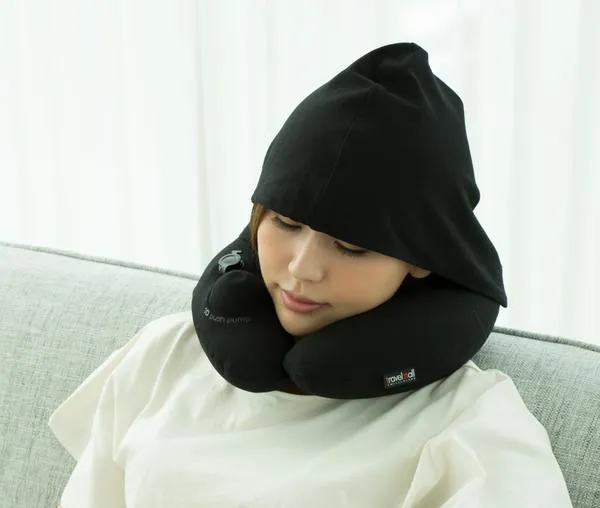 TravelMall 3D Inflatable Nursing Neck Pillow With Patented Pump And Hood (Black)