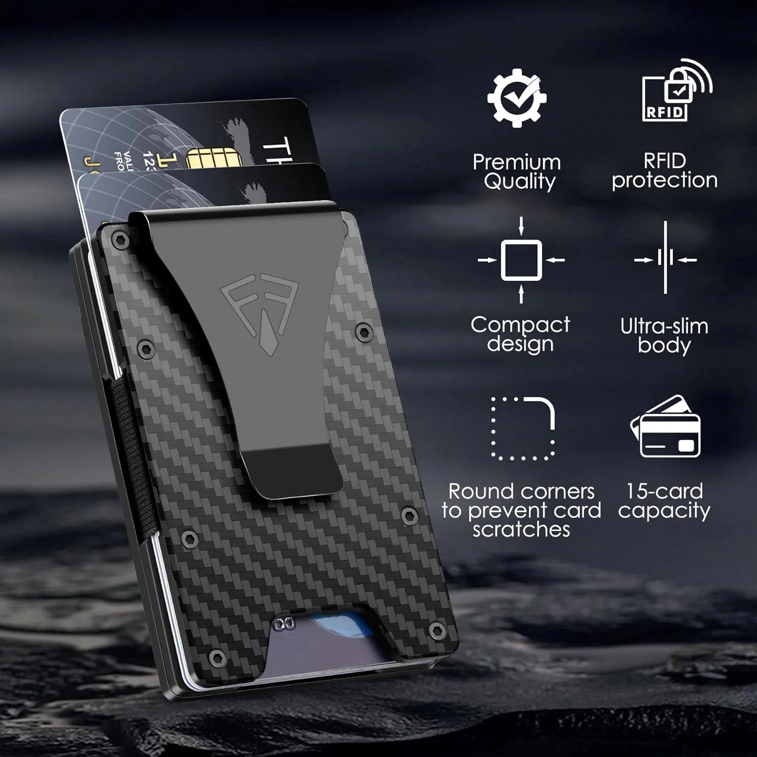 Wallet for Men with Transparent ID Card Holder - Slim Mens Wallet with RFID Blocking Technology - 15 Card Holder Capacity - Metal Money Clip for Bill Holder - Box Packaged - Gift for Him(Carbon Fiber)