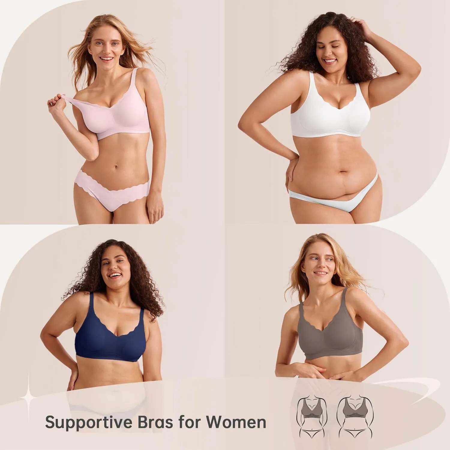 Wireless Seamless Bras for Women No Underwire Push Up Scalloped V Neck Full Coverage Support Bralettes Everyday Bras