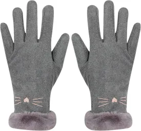 Women Soft Suede Cold Weather Gloves Cute Cat Fleece Lined Winter Thermal Mittens with Faux Fur Cuff