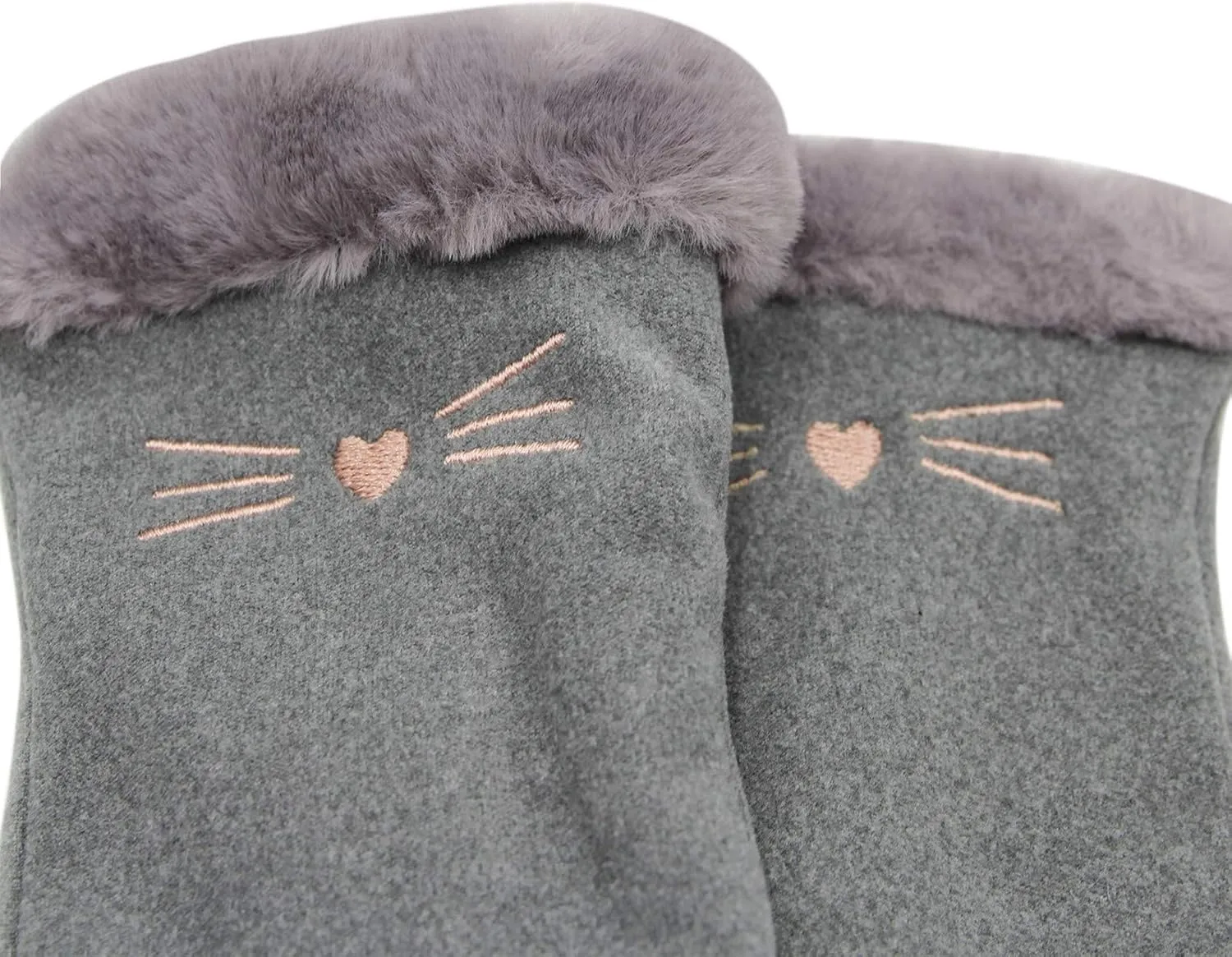 Women Soft Suede Cold Weather Gloves Cute Cat Fleece Lined Winter Thermal Mittens with Faux Fur Cuff