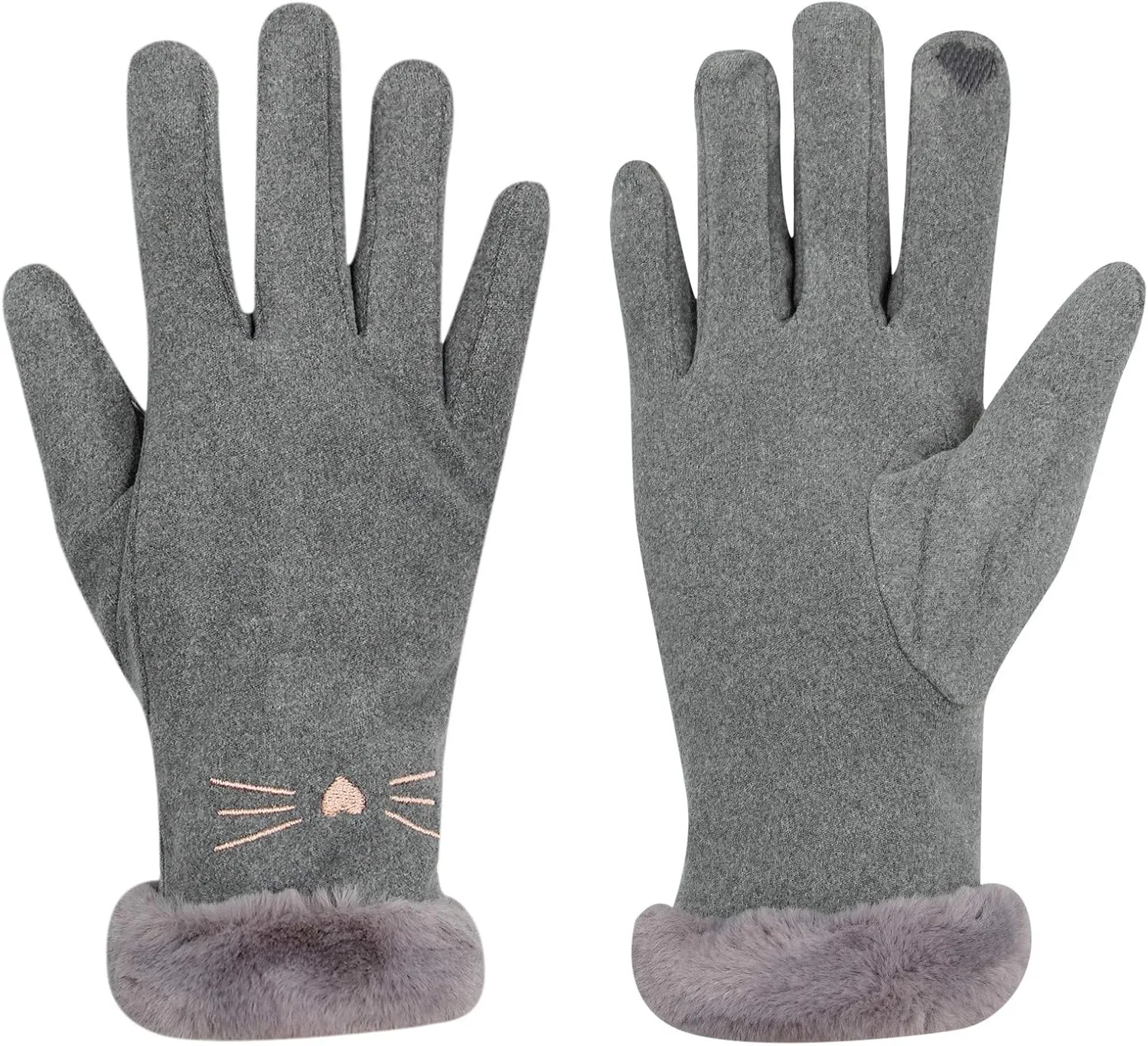 Women Soft Suede Cold Weather Gloves Cute Cat Fleece Lined Winter Thermal Mittens with Faux Fur Cuff