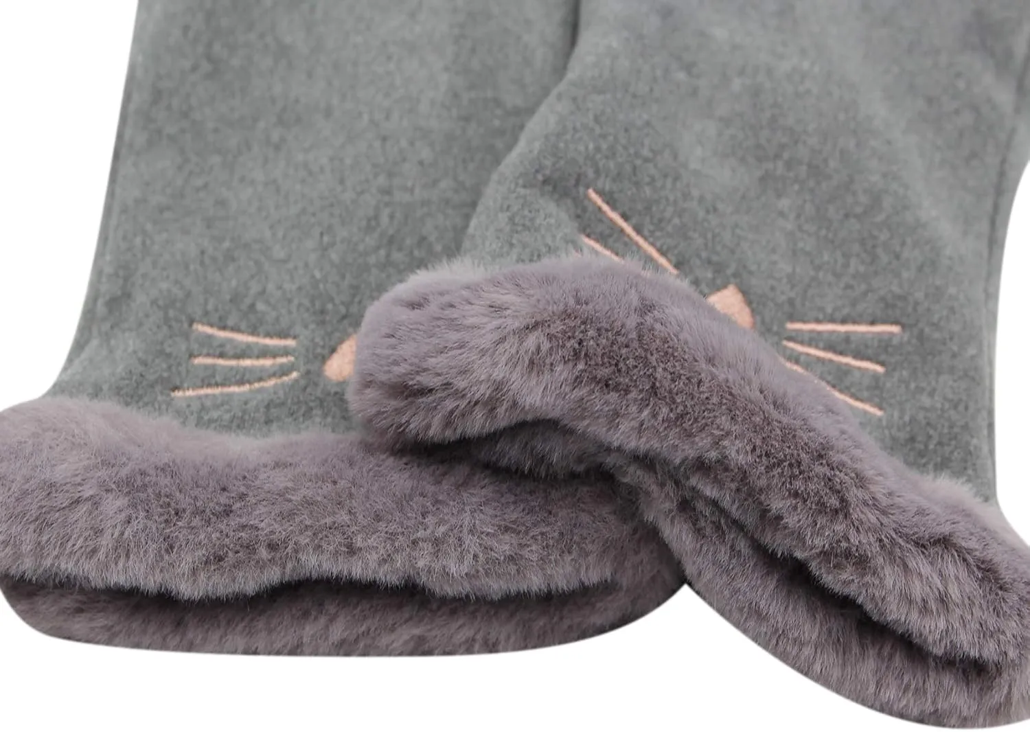 Women Soft Suede Cold Weather Gloves Cute Cat Fleece Lined Winter Thermal Mittens with Faux Fur Cuff