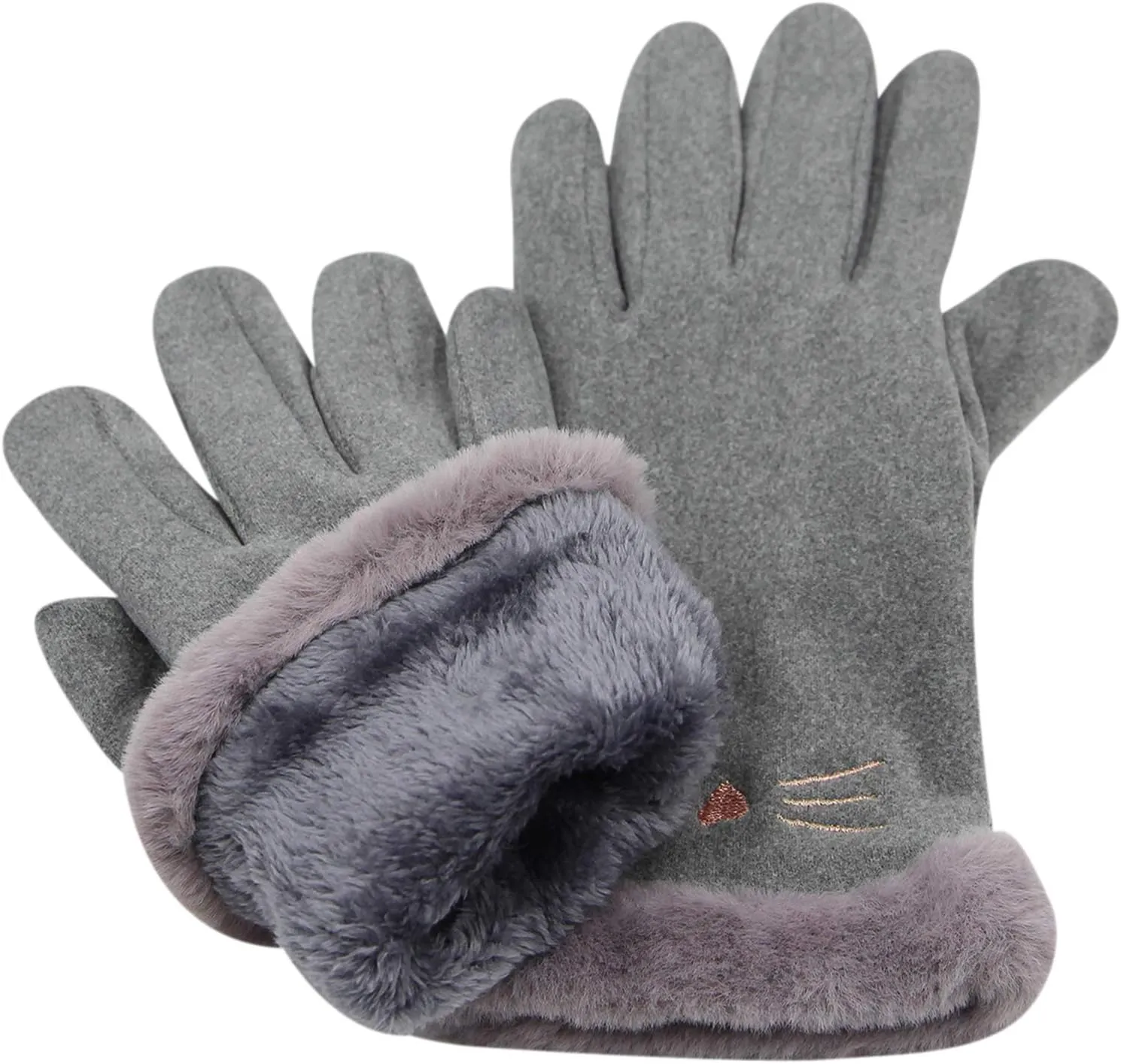 Women Soft Suede Cold Weather Gloves Cute Cat Fleece Lined Winter Thermal Mittens with Faux Fur Cuff