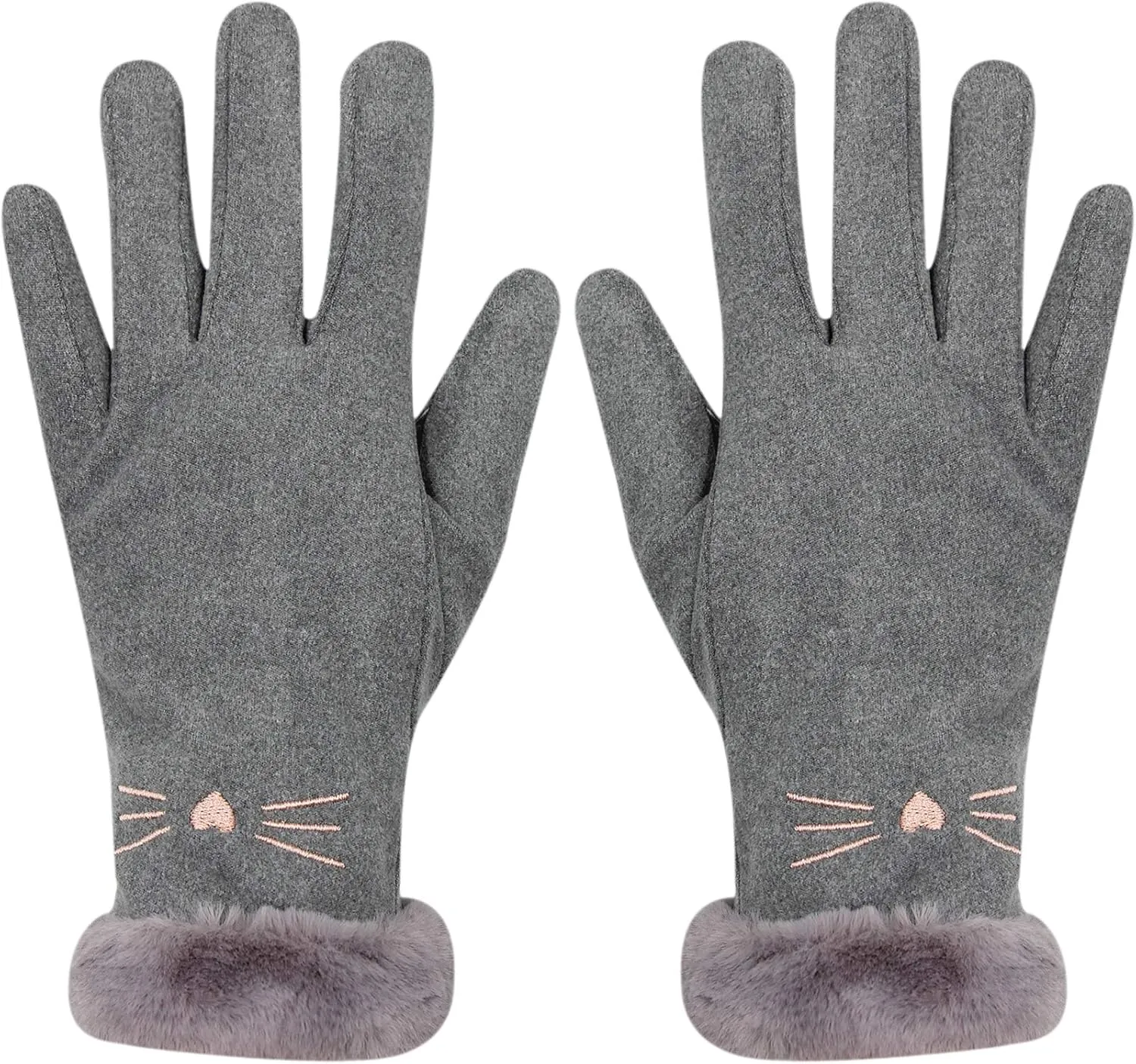 Women Soft Suede Cold Weather Gloves Cute Cat Fleece Lined Winter Thermal Mittens with Faux Fur Cuff