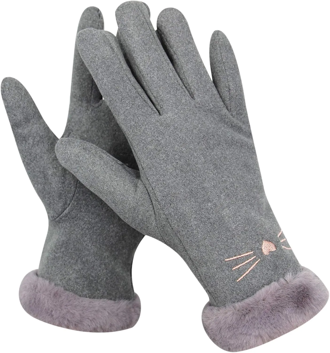 Women Soft Suede Cold Weather Gloves Cute Cat Fleece Lined Winter Thermal Mittens with Faux Fur Cuff