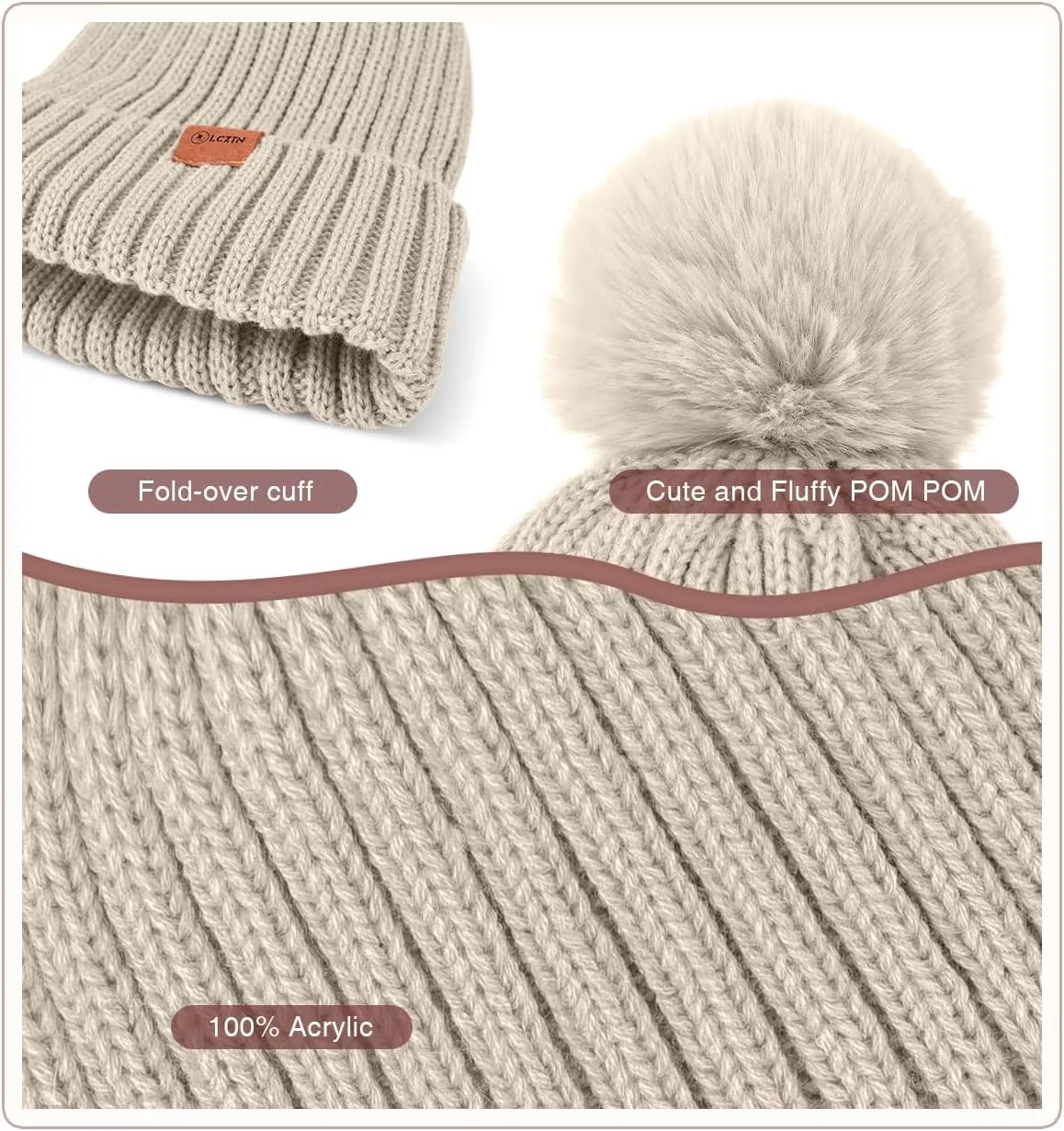 Womens Winter Beanie Hat Gloves Set,Fleece Lined Warm Knit Pom Pom Ski Hat Touchscreen Gloves Set Gifts for Cold Weather