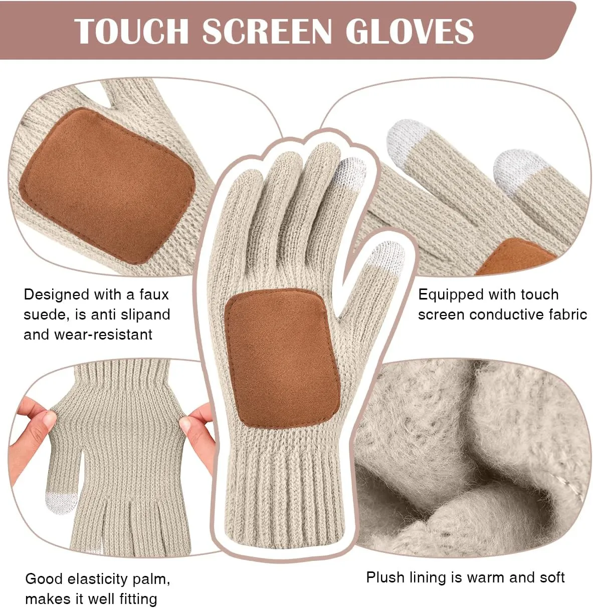 Womens Winter Beanie Hat Gloves Set,Fleece Lined Warm Knit Pom Pom Ski Hat Touchscreen Gloves Set Gifts for Cold Weather