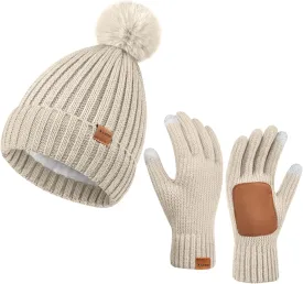 Womens Winter Beanie Hat Gloves Set,Fleece Lined Warm Knit Pom Pom Ski Hat Touchscreen Gloves Set Gifts for Cold Weather