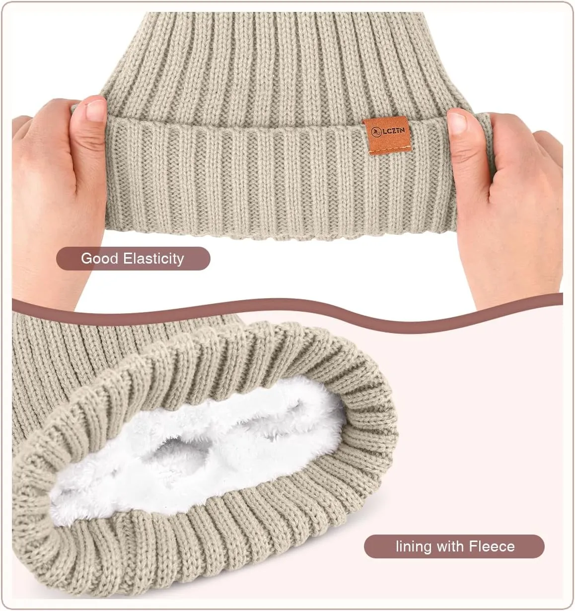 Womens Winter Beanie Hat Gloves Set,Fleece Lined Warm Knit Pom Pom Ski Hat Touchscreen Gloves Set Gifts for Cold Weather