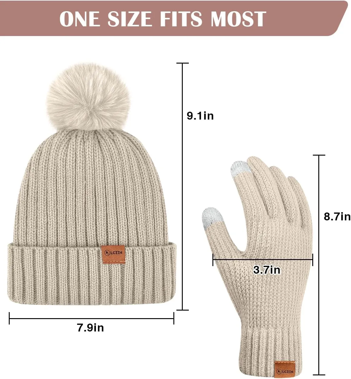 Womens Winter Beanie Hat Gloves Set,Fleece Lined Warm Knit Pom Pom Ski Hat Touchscreen Gloves Set Gifts for Cold Weather