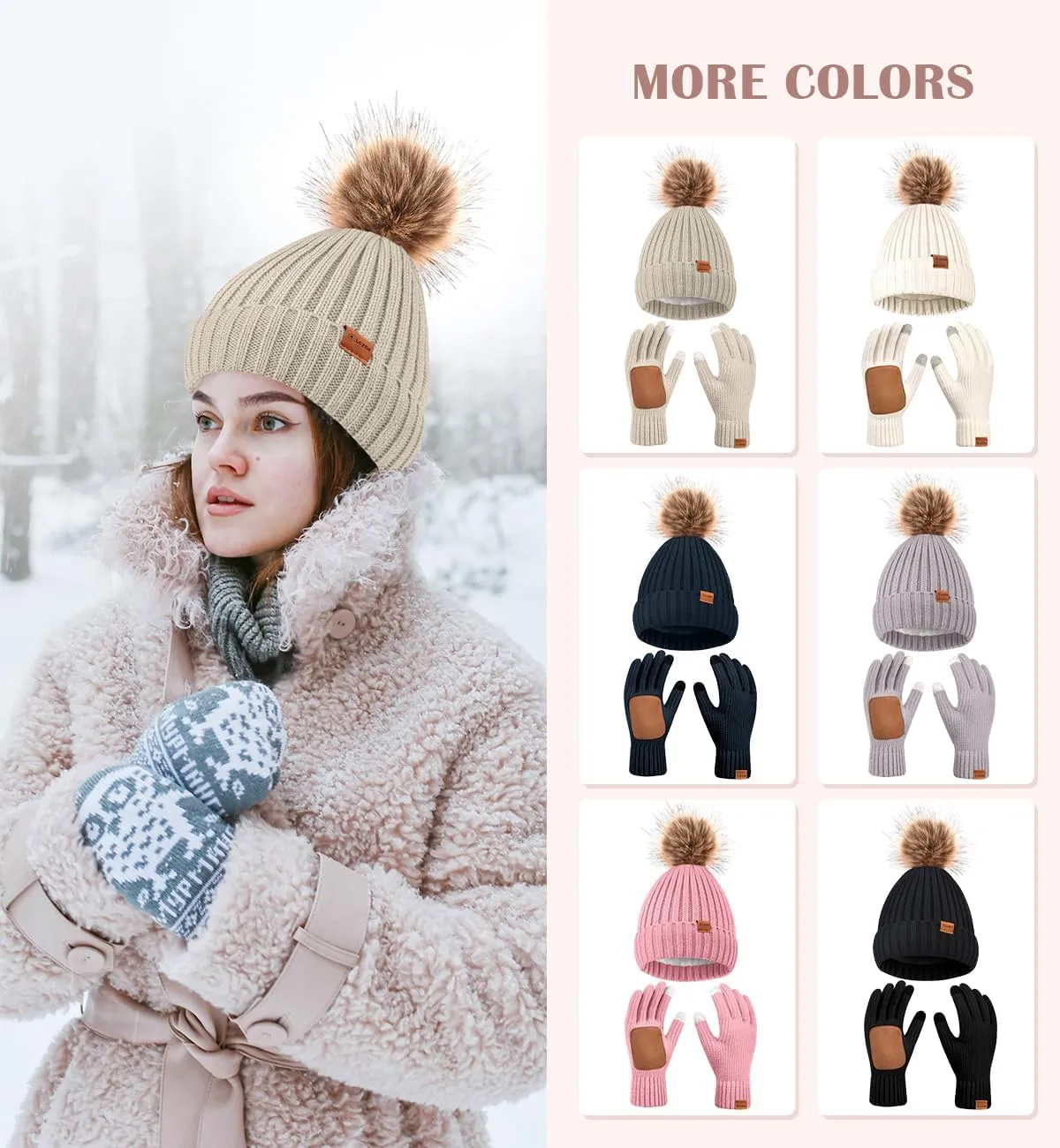 Womens Winter Beanie Hat Gloves Set,Fleece Lined Warm Knit Pom Pom Ski Hat Touchscreen Gloves Set Gifts for Cold Weather